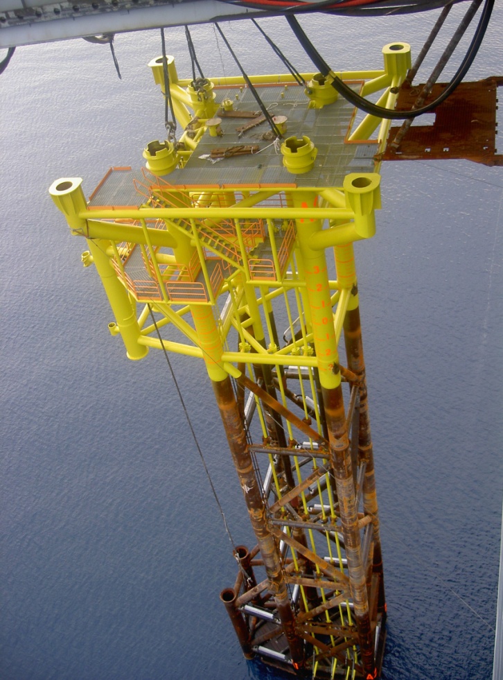 Securing of Jacket to Conductor Deck Prior to Lowering to Seabed.jpg