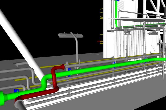 New 8” line shown in green. Red is lines requiring modifications.